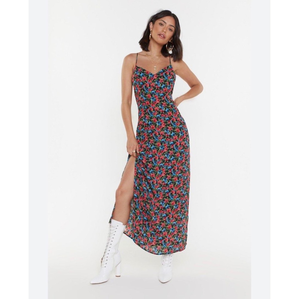 NastyGal Maxi Dress 2 Black Red Floral Open Cowl Back Side Slit Dark Romance